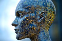 Futuristic android head profile with circuit pattern texture in blue and gold tones showing artificial intelligence and technological advancement.