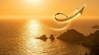 Golden arrow symbol soaring over ocean at sunset with rocky islands below, representing business growth, success, and upward financial momentum for corporate concepts.