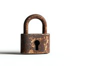 Rustic antique padlock with keyhole showing weathered patina and rust texture against white background, isolated for creative design and security concepts.