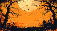 Spooky Halloween scene with haunted castle silhouette against orange sunset sky, bare trees and flying bats creating eerie atmosphere. Great for seasonal designs.