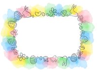 Watercolor Easter frame with eggs, bunnies and flowers on white background. Spring holiday border for greeting cards and seasonal designs.