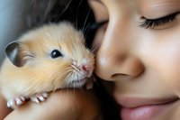 Young Asian woman with natural makeup gently nuzzling cream-colored hamster in intimate close-up portrait showing connection between human and pet.