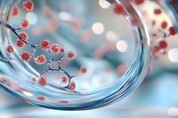 Delicate pink cherry blossoms reflected in curved glass surface with soft bokeh lights creating dreamy spring atmosphere in pastel blue and coral tones.