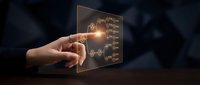 Hand touching futuristic holographic interface with glowing digital icons and connectivity symbols on dark background for technology presentations.