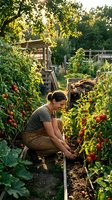 Young woman gardener tending tomato plants in organic vegetable garden during golden hour sunset light for sustainable farming and healthy lifestyle.