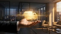 Businessman hand holding glowing delivery truck icon above palm against office window with city skyline at sunset, representing logistics, transportation, and digital commerce solutions.