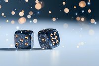 Black gaming dice with golden dots on reflective surface against dark background with glowing bokeh lights creating magical atmosphere for casino games.