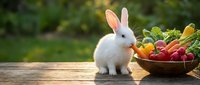 White fluffy baby bunny rabbit sitting on wooden table next to bowl of fresh colorful vegetables carrots radishes outdoors in garden setting.