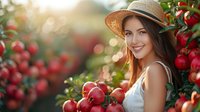 Young woman in straw hat smiling while harvesting red apples in orchard at sunset, holding fresh fruit in her hands.