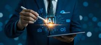 Professional businessman using tablet with artificial intelligence technology displaying glowing AI icon and digital network connections for modern business solutions.