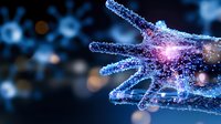 Glowing DNA strand with genetic code structure in blue and pink colors on dark background with bokeh effect and molecular particles.
