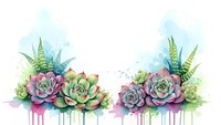 Watercolor succulent plants with colorful paint drips on white background, botanical garden design elements for wedding invitations and home decor.