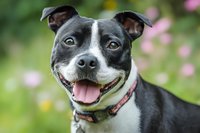 Happy gray and white pit bull terrier dog with tongue out wearing colorful collar in spring garden with pink flowers blooming in soft focus background.