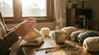 Cozy knitting scene with hands working on yellow wool project, steaming coffee mug and yarn balls on wooden table by sunny window creating warm atmosphere.
