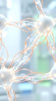 Glowing neural network with orange synaptic connections and transparent neurons on a soft blurred lab background, depicting brain activity.
