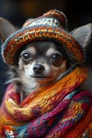 Adorable Chihuahua dog wearing colorful knitted winter hat and wrapped in warm multicolored scarf, close-up portrait with soft bokeh background.