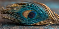 Peacock feather with vibrant blue and green iridescent eye pattern on textured surface, natural ornamental plumage detail for luxury decoration projects.