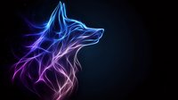 Glowing neon wolf head with vibrant blue and purple light effect against dark background, mystical animal art with luminous energy lines and ethereal glow.