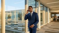 Professional African American businessman in navy suit talking on smartphone in modern office corridor with glass windows and natural lighting.