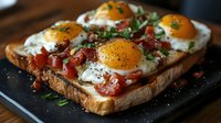 Sunny side up eggs on toasted bread with crispy bacon bits and fresh herbs, served on dark slate plate, close up view of breakfast or brunch dish.