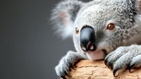 Adorable koala bear close up portrait showing facial features and paws resting on tree branch against blurred background, Australian wildlife photography.