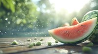 Fresh juicy watermelon slice on rustic wooden table with water drops and grapes in sunlit garden setting, creating refreshing summer atmosphere.