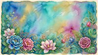 Watercolor floral border with blooming roses, peonies, and lotus flowers on soft pastel gradient background. Botanical frame design for invitations, cards, and decorative projects.
