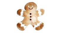 Watercolor gingerbread man cookie with smiling face and brown decorative details on white background, isolated festive holiday illustration for seasonal designs.