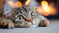 Adorable tabby kitten with green eyes lying down against warm bokeh lights background. Cute domestic cat portrait for pet care and animal lover concepts.