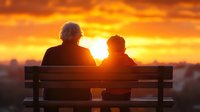 Senior Caucasian couple sitting together on wooden bench at sunset, silhouetted against dramatic orange sky, sharing peaceful moment outdoors in nature.