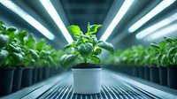 Fresh basil plant in white pot centered on modern hydroponic shelf with LED grow lights creating dramatic perspective in indoor vertical farm setting.