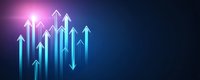 Glowing blue arrows pointing upward against dark background with pink light effect, representing growth, success and business progress in modern digital style.