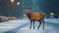 Majestic red deer stag standing on snowy road at dusk, bokeh lights and falling snow create magical winter atmosphere in forest landscape.
