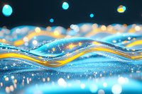 Abstract liquid waves with glowing blue and golden colors creating magical flowing pattern with bokeh lights and sparkles against dark background.