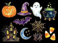 Watercolor Halloween clipart set with pumpkin, ghost, witch hat, bat, haunted house, spider, cauldron, moon, and candy corn, isolated on transparent background for stickers and t-shirt design.