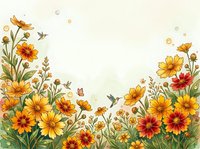 Watercolor wildflower border with orange and yellow blooms on cream background for greeting cards, invitations and seasonal designs.
