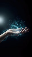 Open hand with glowing blue energy particles and light effects floating above palm against dark background for digital art and fantasy concepts.