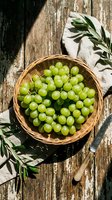 Fresh green grapes in wicker basket on rustic wooden table with olive branches and linen cloth, overhead view for food styling and culinary content.