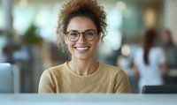 Mixed race woman with curly hair and glasses smiling warmly in modern office environment. Professional portrait showing confidence and approachability for business or workplace concepts.