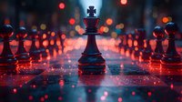 Chess king piece standing on reflective surface with dramatic red bokeh lights creating mysterious atmosphere, strategic concept for business and leadership.