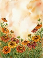 Watercolor autumn wildflowers in orange, red and yellow tones with green stems on warm beige background with copy space for text.