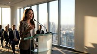 Professional Asian businesswoman delivering presentation at corporate conference with city skyline view through office windows.