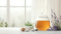 Glass teapot filled with amber tea on white surface with honey dipper, zen stones, fresh lavender sprigs and herbs in soft window light, creating serene wellness atmosphere.