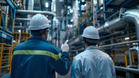 Industrial engineers in hard hats inspecting manufacturing facility with complex pipeline system and equipment in modern factory environment.