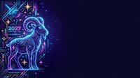 Neon glowing Aries zodiac sign with geometric patterns and digital circuit elements on dark background. Astrology and horoscope design.