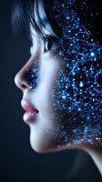 Side profile of Asian woman's face dissolving into glowing blue network of dots and lines against dark background, representing artificial intelligence and digital transformation.