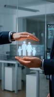 Businessman hands protecting glowing family icons in modern office environment symbolizing life insurance coverage and financial security services.