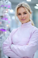 Young female medical professional in pink uniform smiling confidently with arms crossed in modern clinic setting with blurred bokeh lights background.