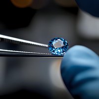 Sparkling oval-cut blue topaz gemstone held in tweezers against blurred background, showcasing precision cut facets and brilliant clarity in jewelry making.