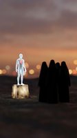 Glowing white figure with red heart standing on stone pedestal facing group of dark silhouettes at sunset, symbolizing love, hope, and human connection for healthcare and wellness campaigns.